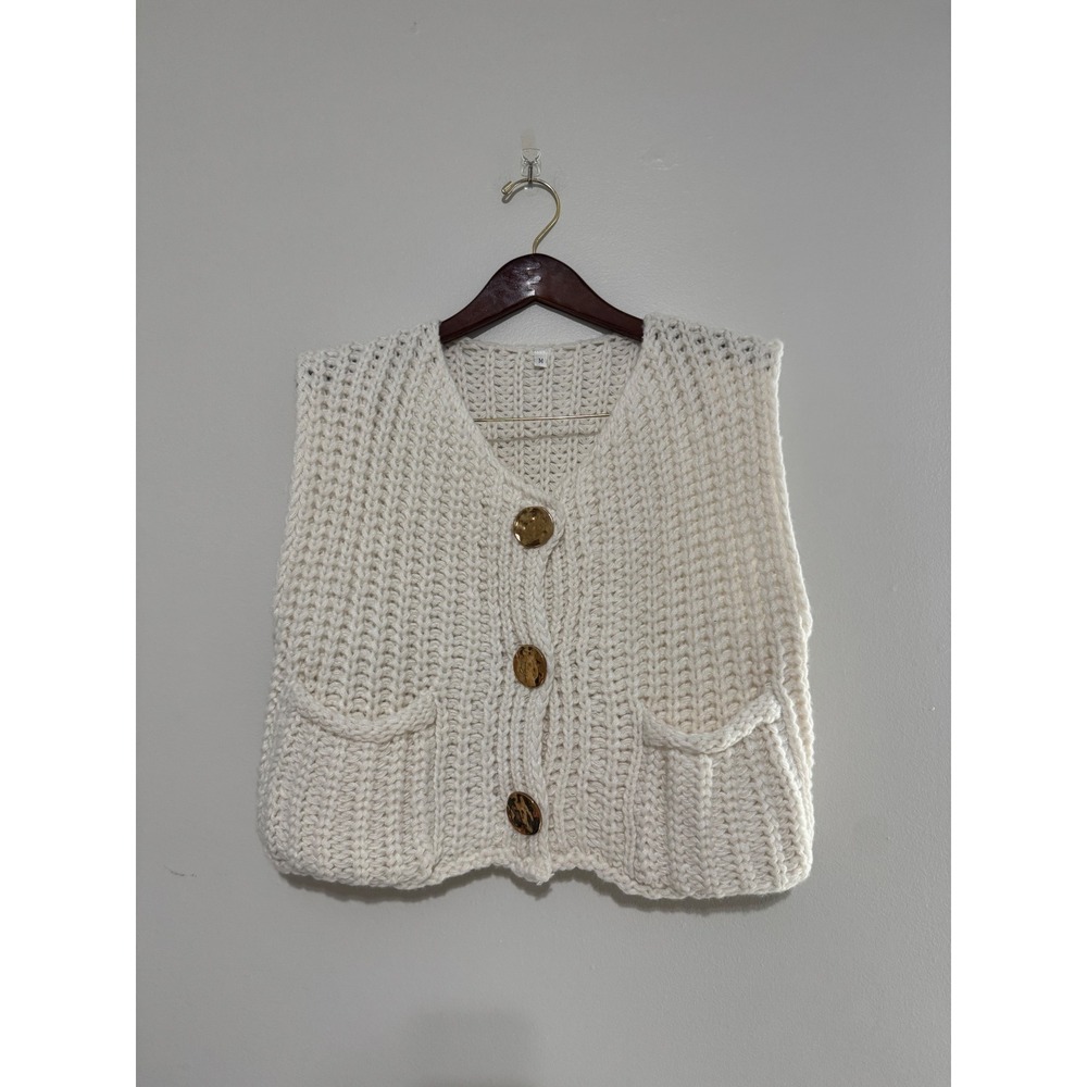 Unbranded Ivory Chunky Knit Button Front Sweater Vest V-Neck Pockets Medium